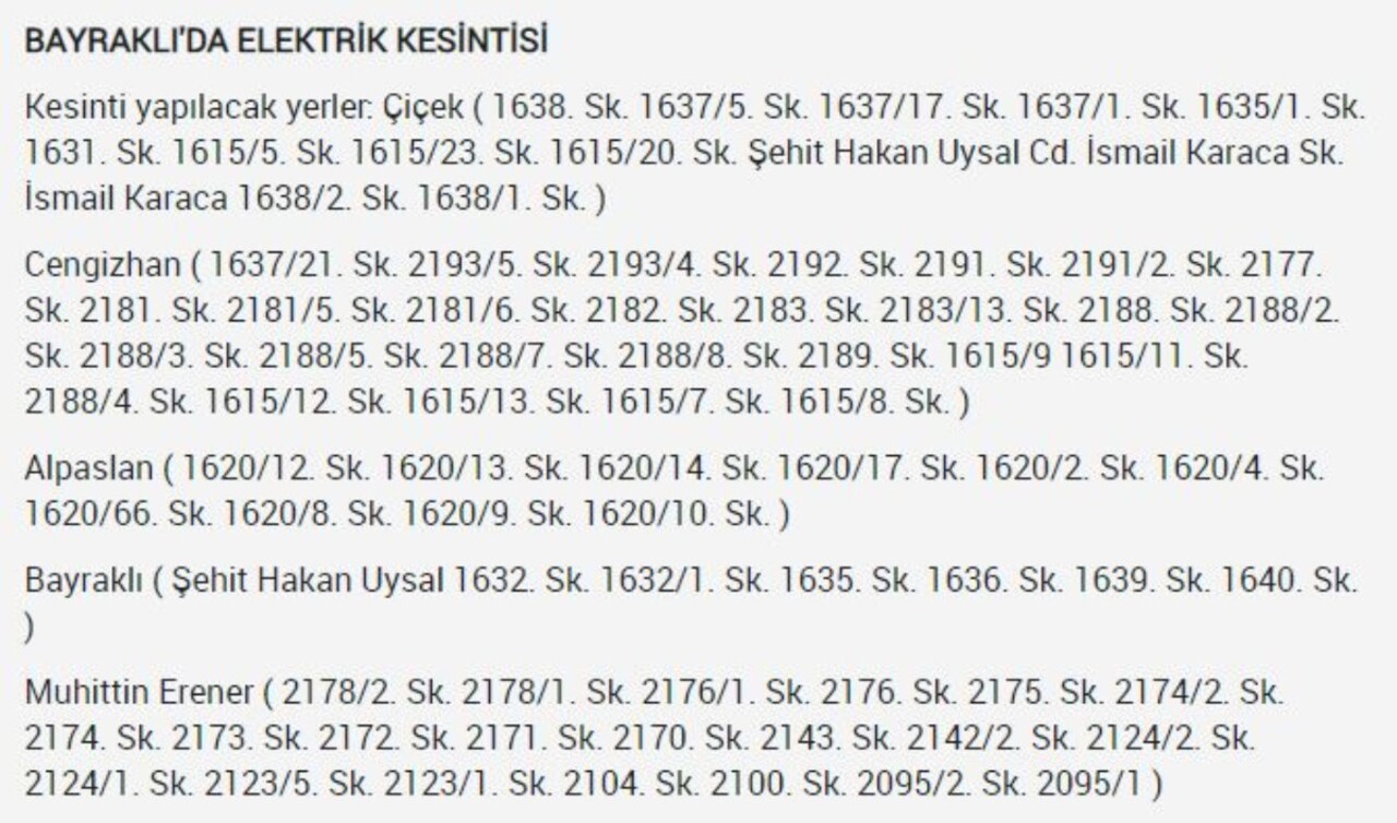 24 Temmuz İzmir'de elektrik kesintisi