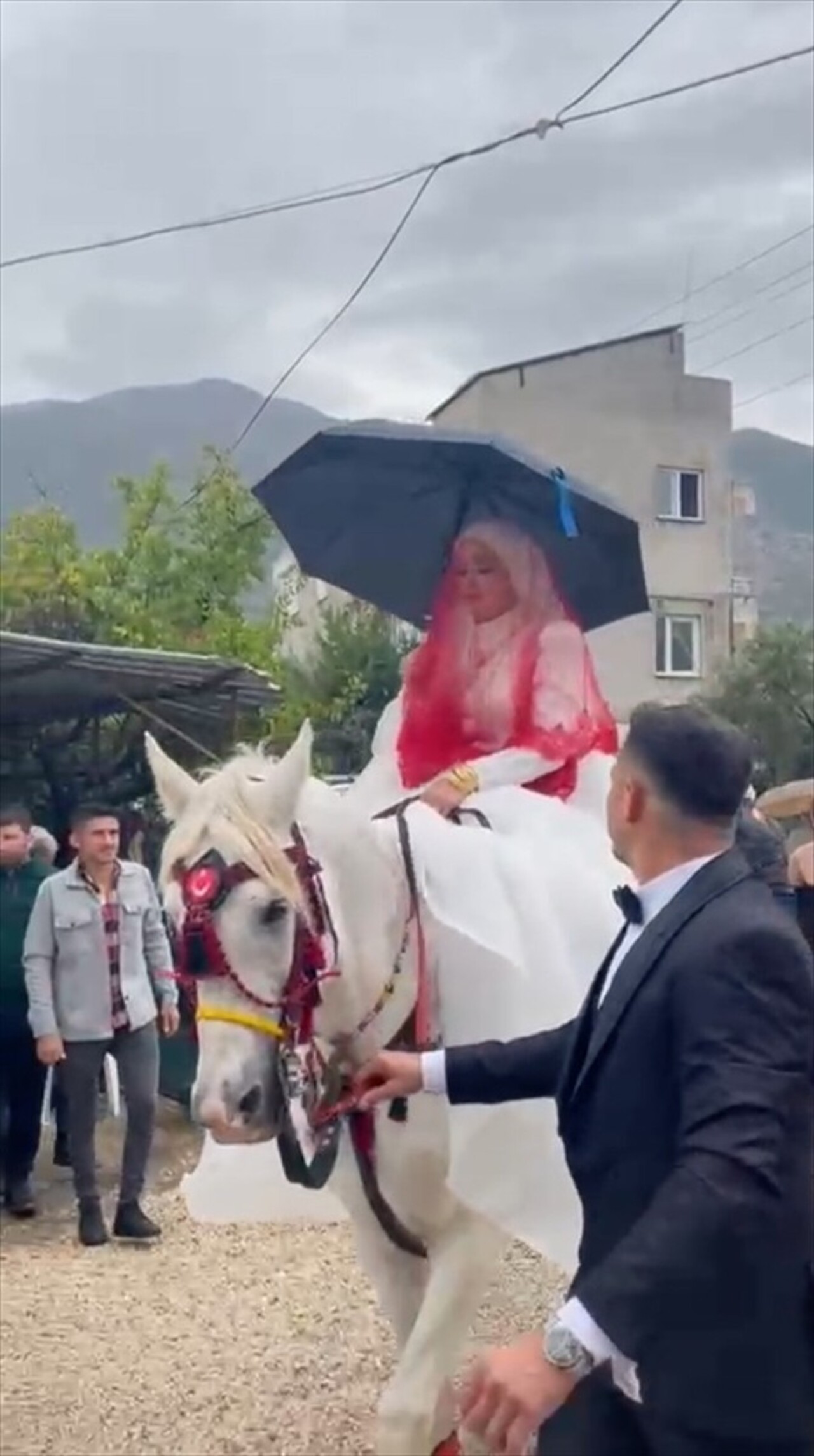 Antalya'nın Finike ilçesinde düğününde ata binen gelinin yağış altında şemsiyeyle tur atması...